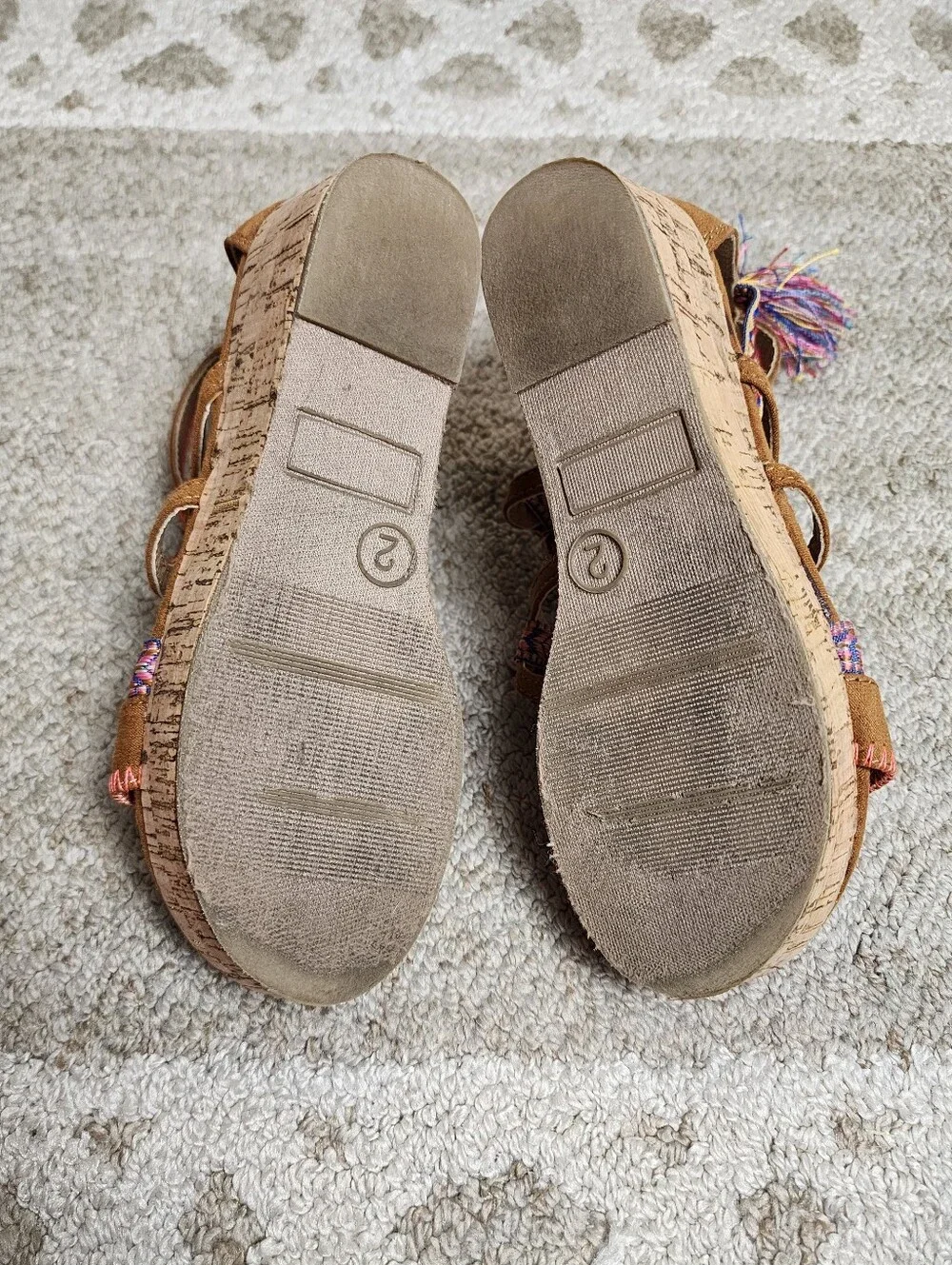 SO® Girls Boho Cork Wedge Sandals with Embroidered Straps & Tassels Size 2